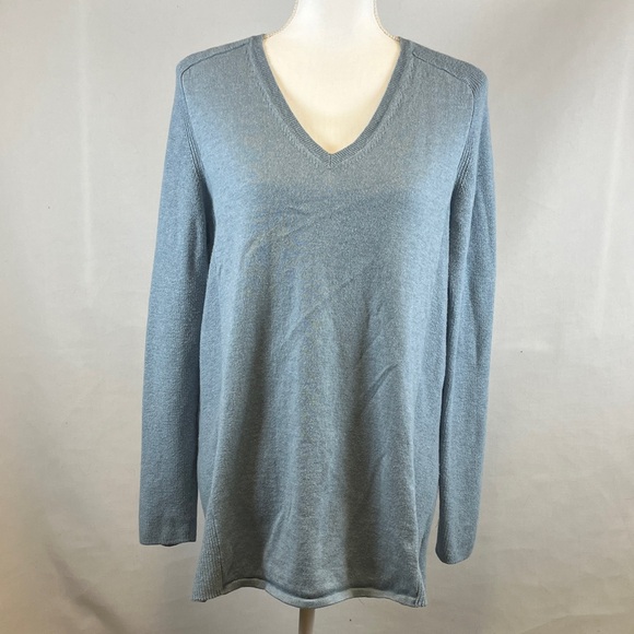 J.Jill Women's L V-Neck Sweater Cotton Blend Tight Knit Solid Pullover Top Blue - Picture 1 of 7